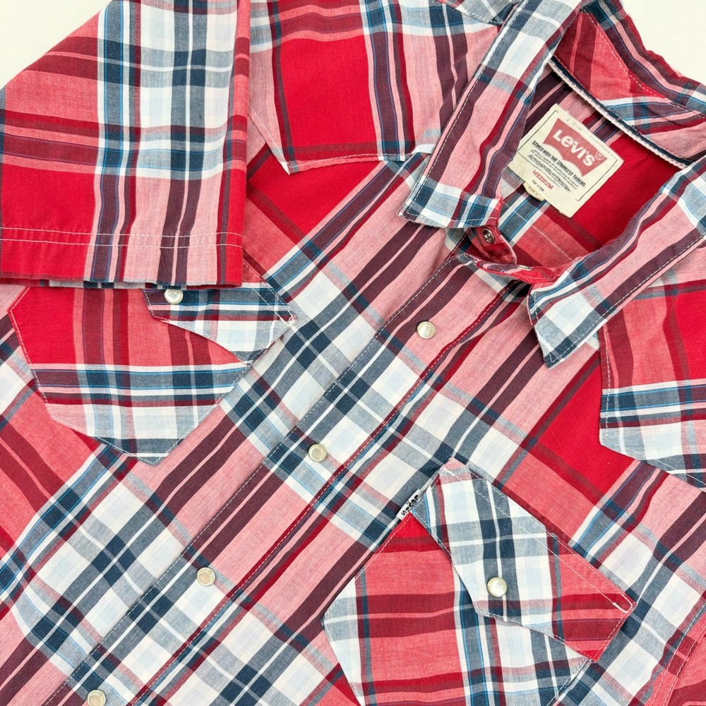 Levi's Western Shirt Mens Medium Red Plaid Pearl Snap Short Sleeve Excellent